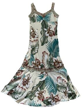 Ku De Ta Tropical Hawaiian Maxi Dress Shell Beaded Rayon Resort Beach Size S